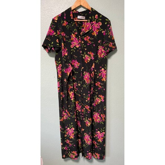Vintage Miss‎ Dorby Pink Orange Floral Balck Midi Dress with Tie - Picture 1 of 8